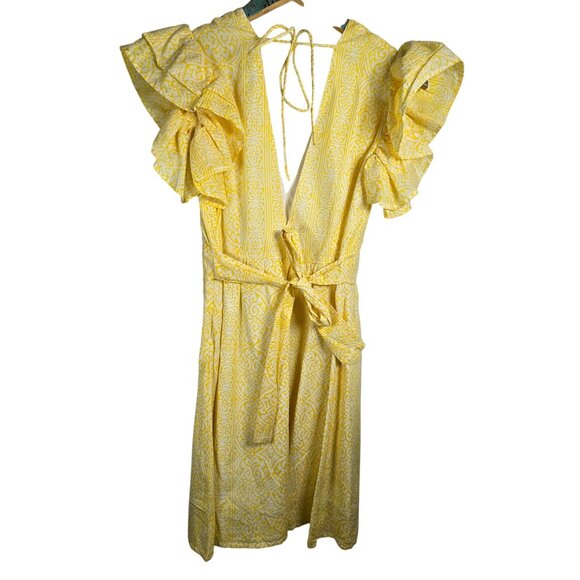 Monsoon and Beyond Handmade Chloe Yellow Ruffle Sleeve Deep V Midi Dress Sz M - Picture 9 of 12